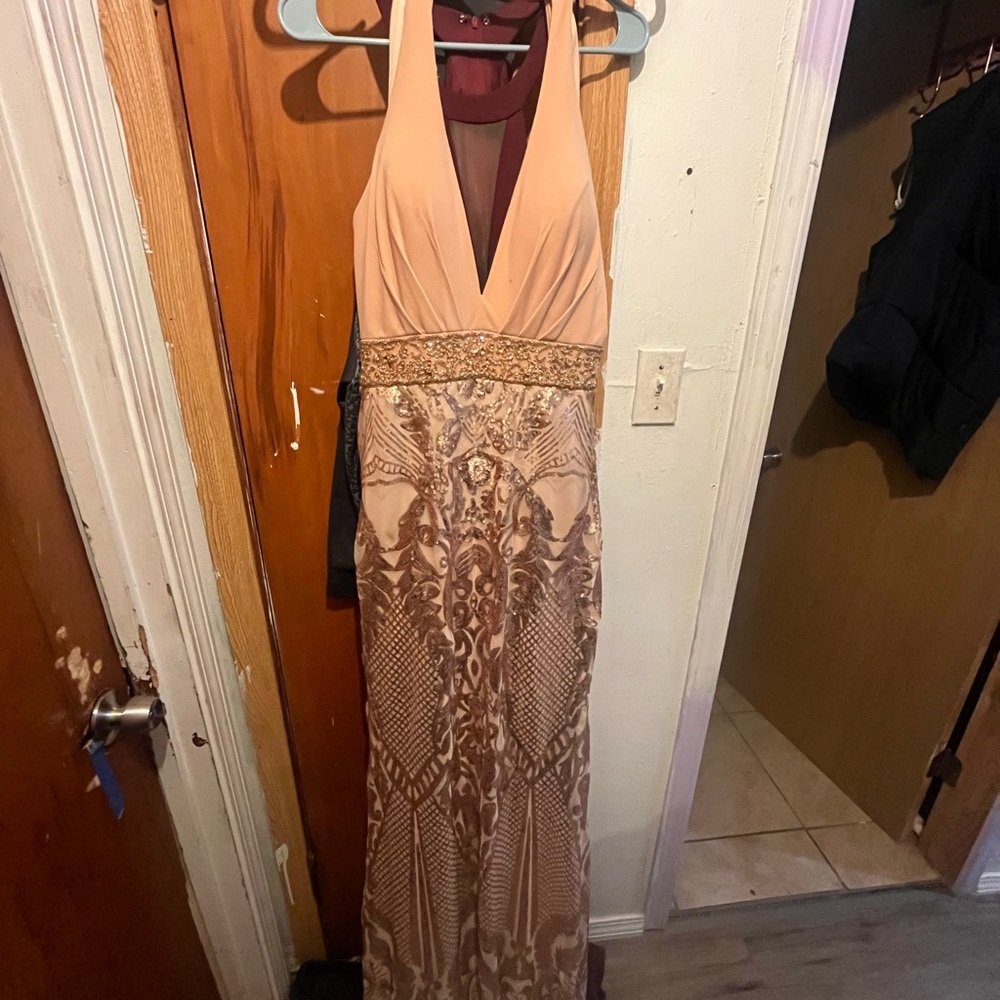 Rachel Allan Beige and Gold Backless Dress